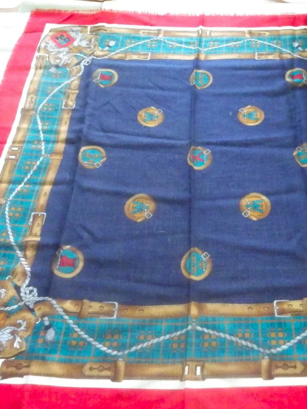 Vintage Lawn Cotton Scarf/ Heraldry/ Red/ Navy/ Green